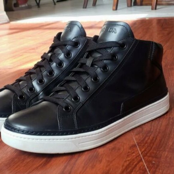 Prada Black Leather Mid Top Designer Sneakers - Men's Size 10 - Picture 1 of 8